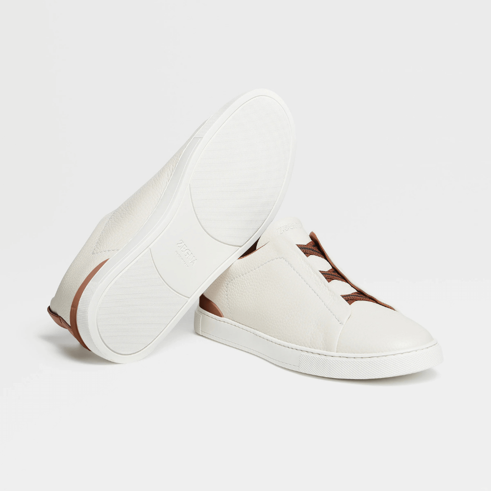 ZEGNA Triple Stitch Low Top Leather White  Cognac