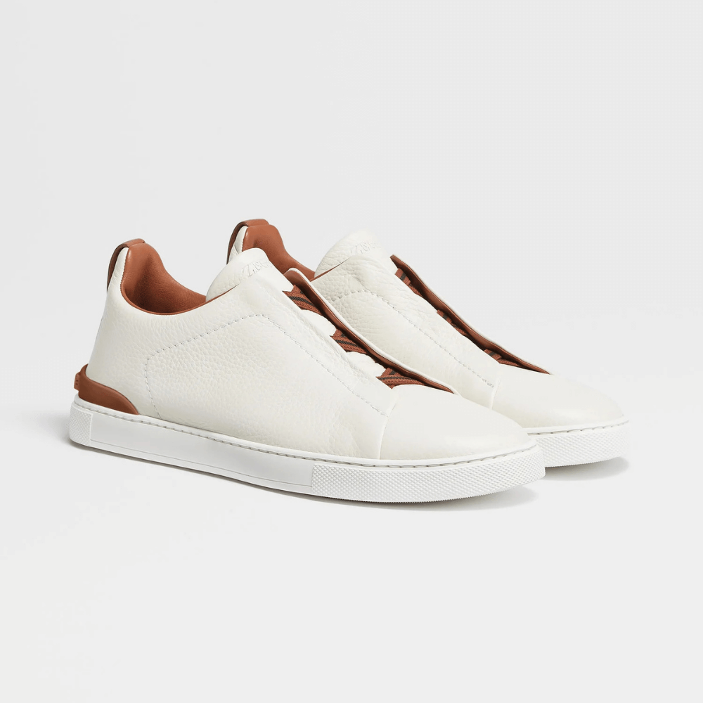 ZEGNA Triple Stitch Low Top Leather White  Cognac