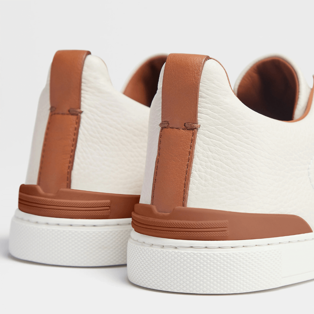 ZEGNA Triple Stitch Low Top Leather White  Cognac