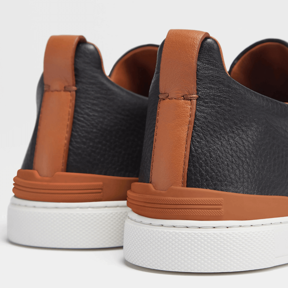 ZEGNA Triple Stitch Low Top Leather Black Cognac