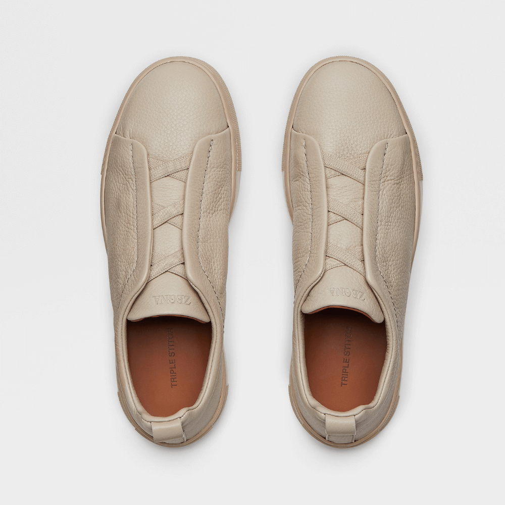 ZEGNA Triple Stitch Low Top Leather Shoes Beige Sand