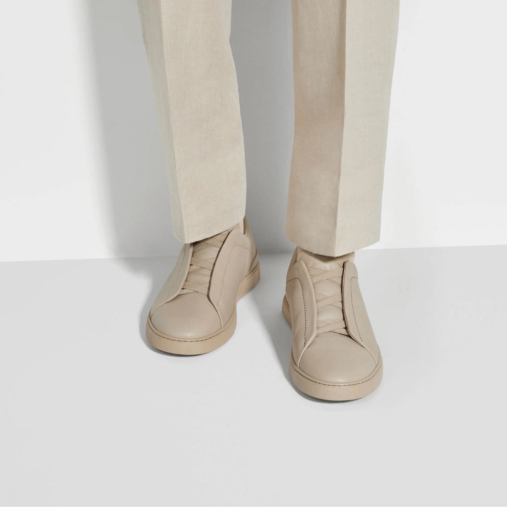 ZEGNA Triple Stitch Low Top Leather Shoes Beige Sand