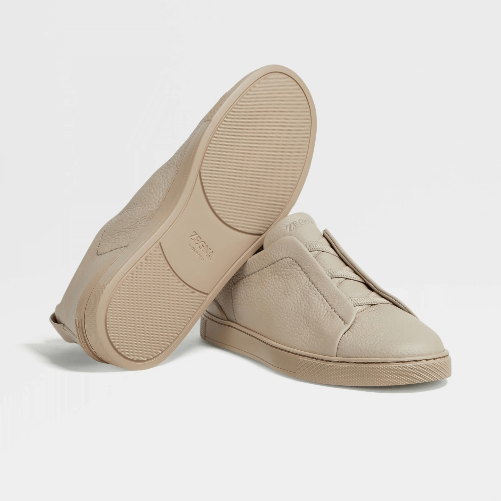 ZEGNA Triple Stitch Low Top Leather Shoes Beige Sand